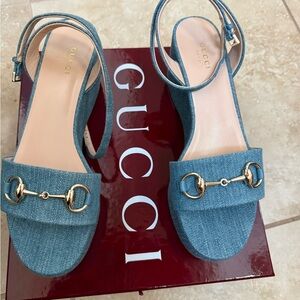 Gucci Denim Blue Sandals with Gold Accents